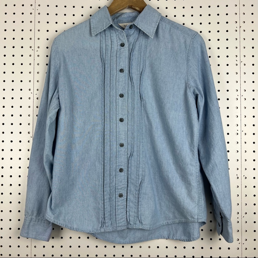 Van Heusen Women's Long Sleeve Chambray Button Down Shirt with Ruffles Sz Small